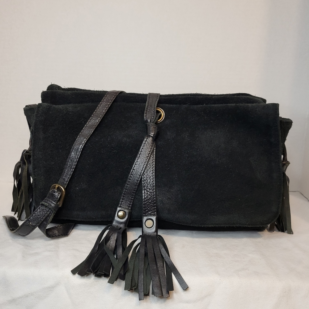 Naf Naf boho soft suede flap shoulder crossbody bag with tassel details